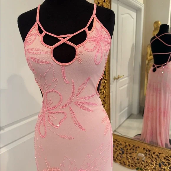 Attitudes by Debra chic Pink hand beaded long Dress